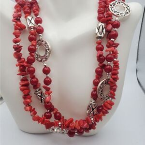 Multi strand red Coral beaded dinner‎ date night necklace bohemian boho